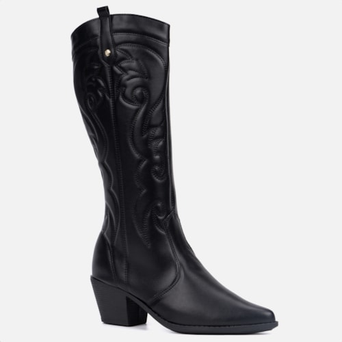 Bota Feminina Texana Western Cano Alto Bordada Bico Fino Preta