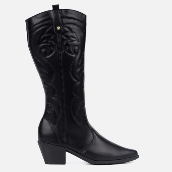 Bota Feminina Texana Western Cano Alto Bordada Bico Fino Preta