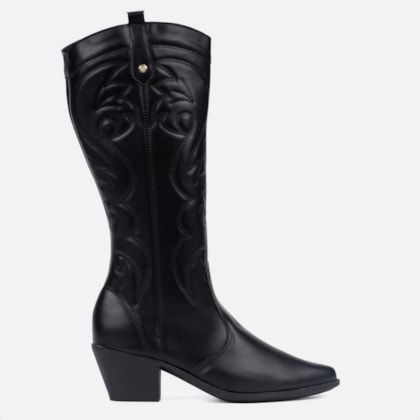 Bota Feminina Texana Western Cano Alto Bordada Bico Fino Preta