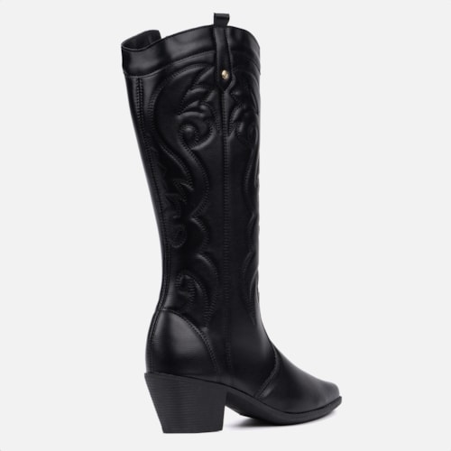 Bota Feminina Texana Western Cano Alto Bordada Bico Fino Preta