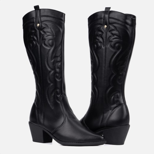Bota Feminina Texana Western Cano Alto Bordada Bico Fino Preta