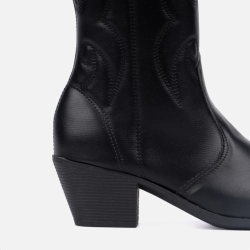 Bota Feminina Texana Western Cano Alto Bordada Bico Fino Preta