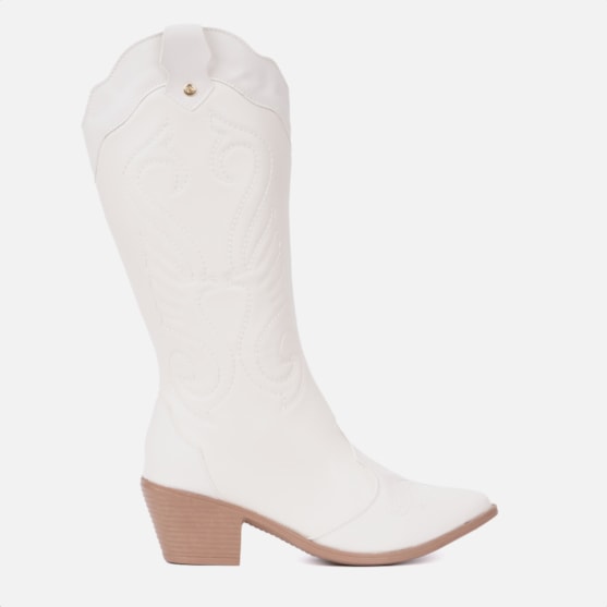 Bota Feminina Texana Western Cano Longo Bordada Bico Fino Off White