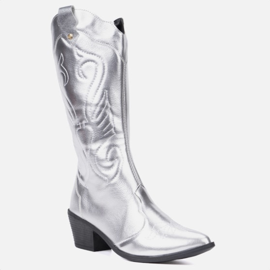 Segunda imagem do produto Bota Feminina Texana Western Cano Longo Bordada Bico Fino Prata
