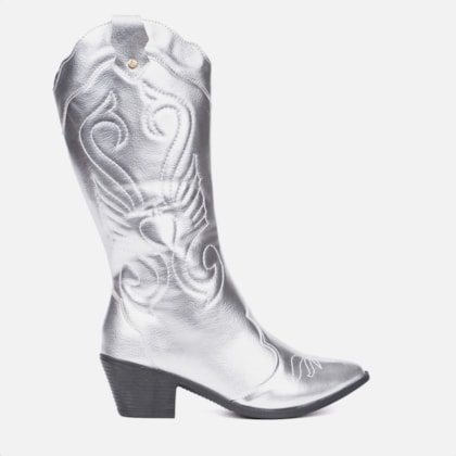 Bota Feminina Texana Western Cano Longo Bordada Bico Fino Prata