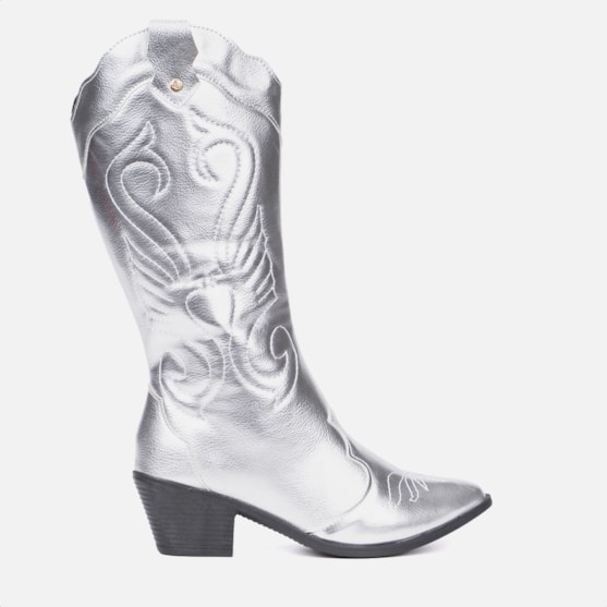 Bota Feminina Texana Western Cano Longo Bordada Bico Fino Prata