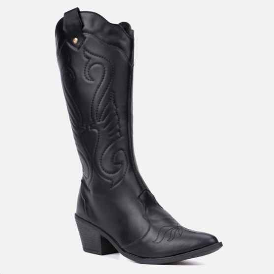 Segunda imagem do produto Bota Feminina Texana Western Cano Longo Bordada Bico Fino Preta