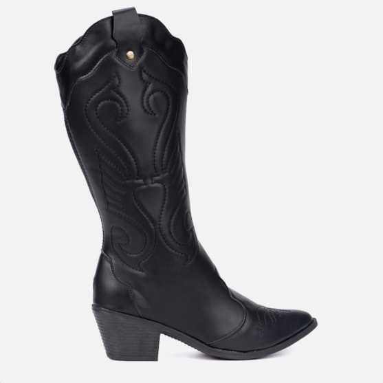 Bota Feminina Texana Western Cano Longo Bordada Bico Fino Preta