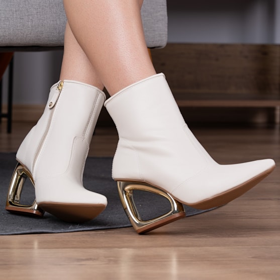 Segunda imagem do produto Bota Off White Feminina Cano Curto Salto Vazado Cromado