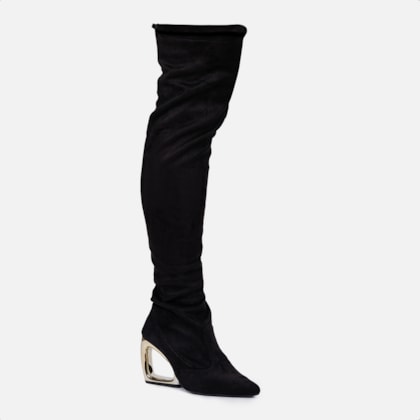 Segunda imagem do produto Bota Over Preta Camurça Stretch Bico Fino Salto Alto Vazado Cromado