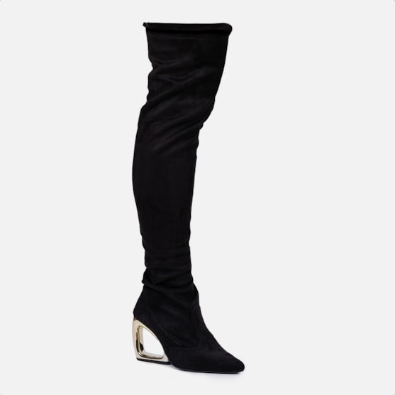 Segunda imagem do produto Bota Over Preta Camurça Stretch Bico Fino Salto Alto Vazado Cromado