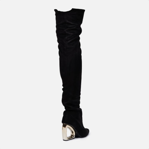 Bota Over Preta Camurça Stretch Bico Fino Salto Alto Vazado Cromado