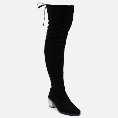 Bota Over The Knee Cano Longo Salto Grosso Com Strass Brilhante Preta