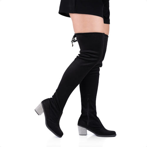 Bota Over The Knee Cano Longo Salto Grosso Com Strass Brilhante Preta