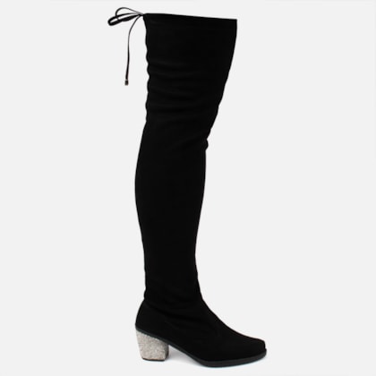 Bota Over The Knee Cano Longo Salto Grosso Com Strass Brilhante Preta