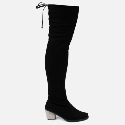 Bota Over The Knee Cano Longo Salto Grosso Com Strass Brilhante Preta