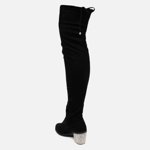 Bota Over The Knee Cano Longo Salto Grosso Com Strass Brilhante Preta
