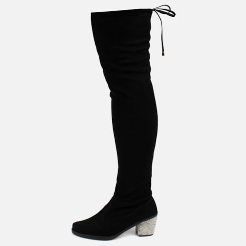 Bota Over The Knee Cano Longo Salto Grosso Com Strass Brilhante Preta