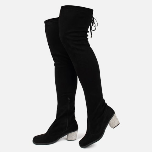 Bota Over The Knee Cano Longo Salto Grosso Com Strass Brilhante Preta