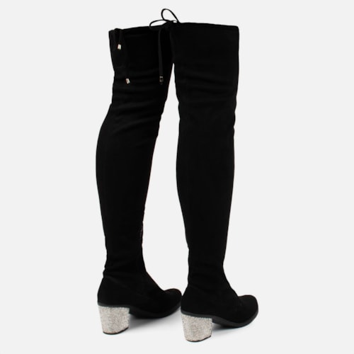 Bota Over The Knee Cano Longo Salto Grosso Com Strass Brilhante Preta