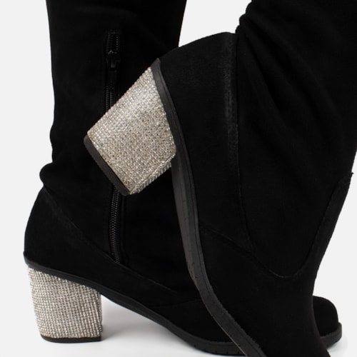 Bota Over The Knee Cano Longo Salto Grosso Com Strass Brilhante Preta