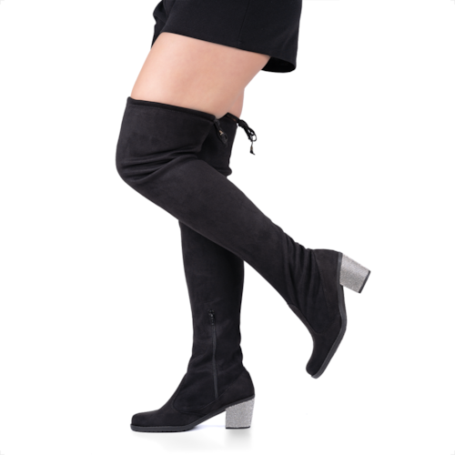 Bota Over The Knee Cano Longo Salto Grosso Com Strass Brilhante Preta