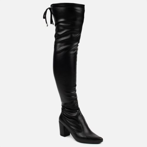 Bota Over The Knee Stretch Bico Fino Salto Grosso Alto Napa Preta