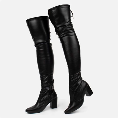 Bota Over The Knee Stretch Bico Fino Salto Grosso Alto Napa Preta