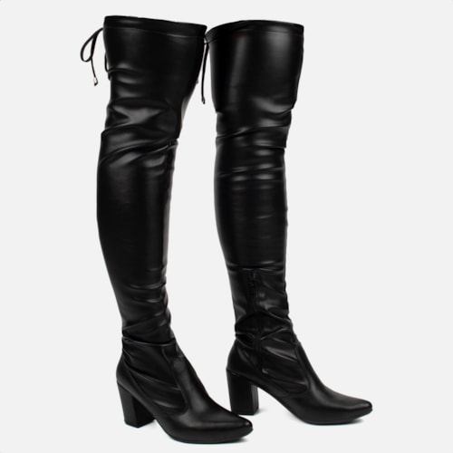 Bota Over The Knee Stretch Bico Fino Salto Grosso Alto Napa Preta
