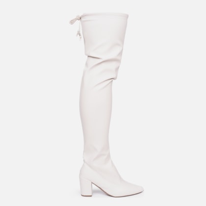 Bota Over The Knee Stretch Bico Fino Salto Grosso Alto Off White