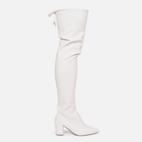 Bota Over The Knee Stretch Bico Fino Salto Grosso Alto Off White