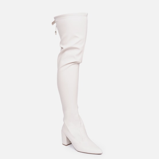 Segunda imagem do produto Bota Over The Knee Stretch Bico Fino Salto Grosso Alto Off White