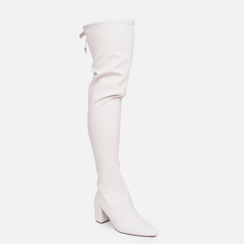 Bota Over The Knee Stretch Bico Fino Salto Grosso Alto Off White