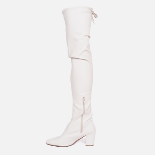 Bota Over The Knee Stretch Bico Fino Salto Grosso Alto Off White