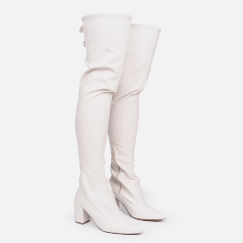Bota Over The Knee Stretch Bico Fino Salto Grosso Alto Off White