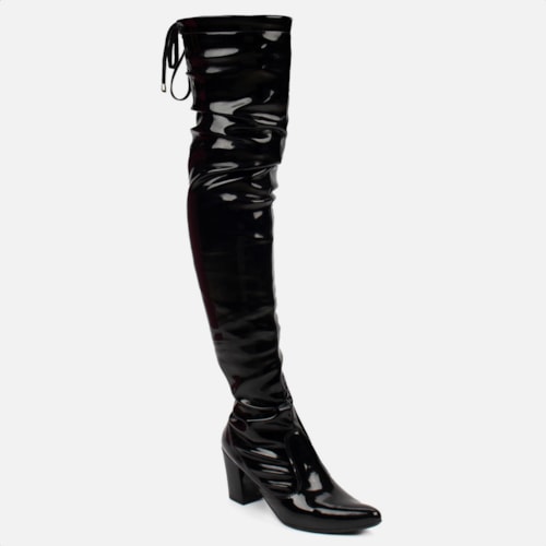 Bota Over The Knee Stretch Bico Fino Salto Grosso Alto Preto Verniz