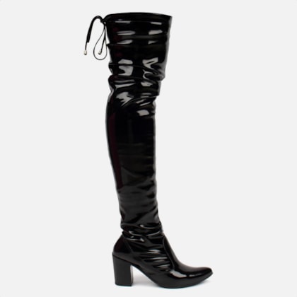 Bota Over The Knee Stretch Bico Fino Salto Grosso Alto Preto Verniz