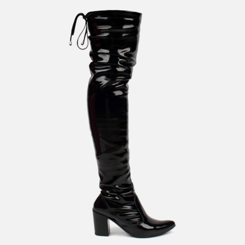 Bota Over The Knee Stretch Bico Fino Salto Grosso Alto Preto Verniz