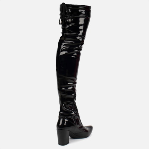 Bota Over The Knee Stretch Bico Fino Salto Grosso Alto Preto Verniz