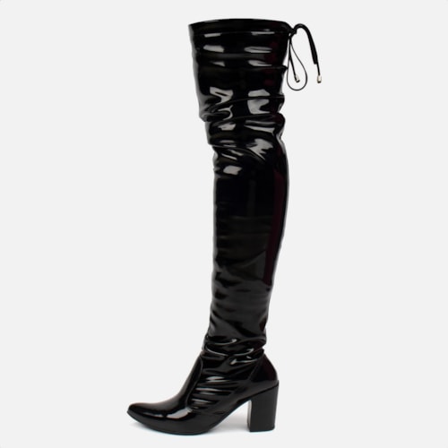 Bota Over The Knee Stretch Bico Fino Salto Grosso Alto Preto Verniz