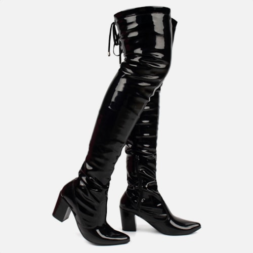 Bota Over The Knee Stretch Bico Fino Salto Grosso Alto Preto Verniz