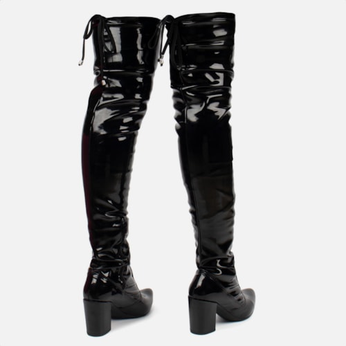 Bota Over The Knee Stretch Bico Fino Salto Grosso Alto Preto Verniz