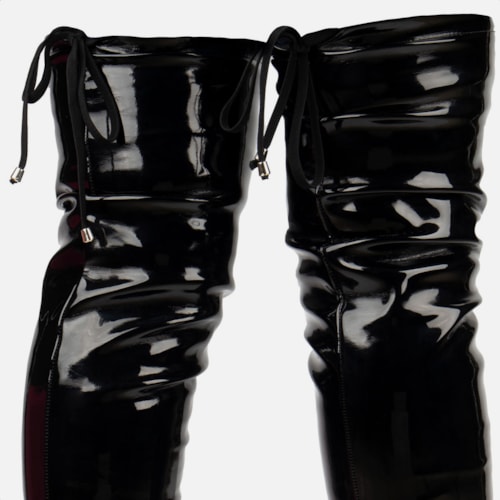 Bota Over The Knee Stretch Bico Fino Salto Grosso Alto Preto Verniz