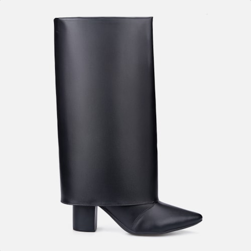 Bota Preta Capa Feminina Cano Alto Salto Alto Bloco Bico Fino