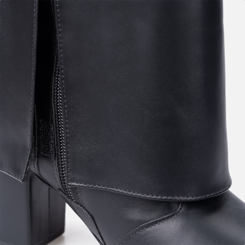 Bota Preta Capa Feminina Cano Alto Salto Alto Bloco Bico Fino