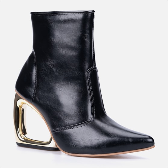 Segunda imagem do produto Bota Preta Feminina Cano Curto Salto Vazado Cromado