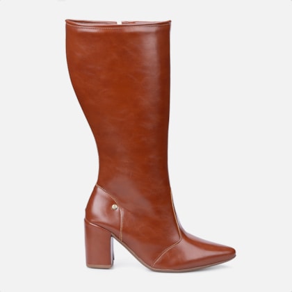 Bota Social Feminina Caramelo Cano Alto Bico Fino Salto Alto Bloco