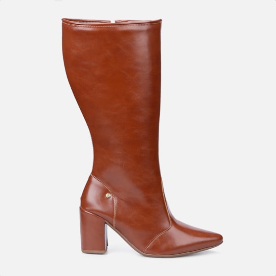 Bota Social Feminina Caramelo Cano Alto Bico Fino Salto Alto Bloco