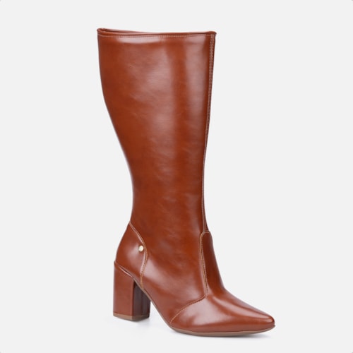 Bota Social Feminina Caramelo Cano Alto Bico Fino Salto Alto Bloco