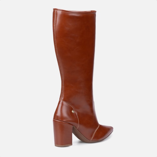 Bota Social Feminina Caramelo Cano Alto Bico Fino Salto Alto Bloco